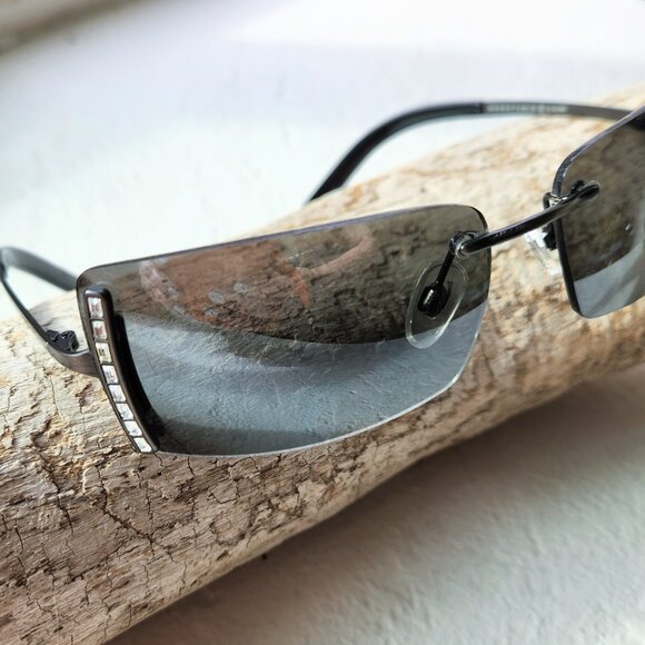 Y2K Vintage Narrow Slim Sunglasses Rectangular Black Frame with Crystals . - Picture 6 of 10
